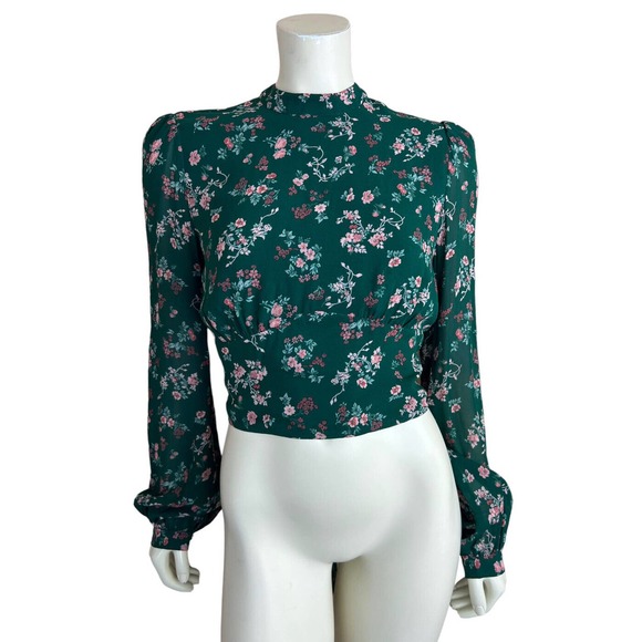 Reformation Tops - Reformation Floral Print Raye Top 8 Open Back Tie Waist Long Sleeve Green Womens